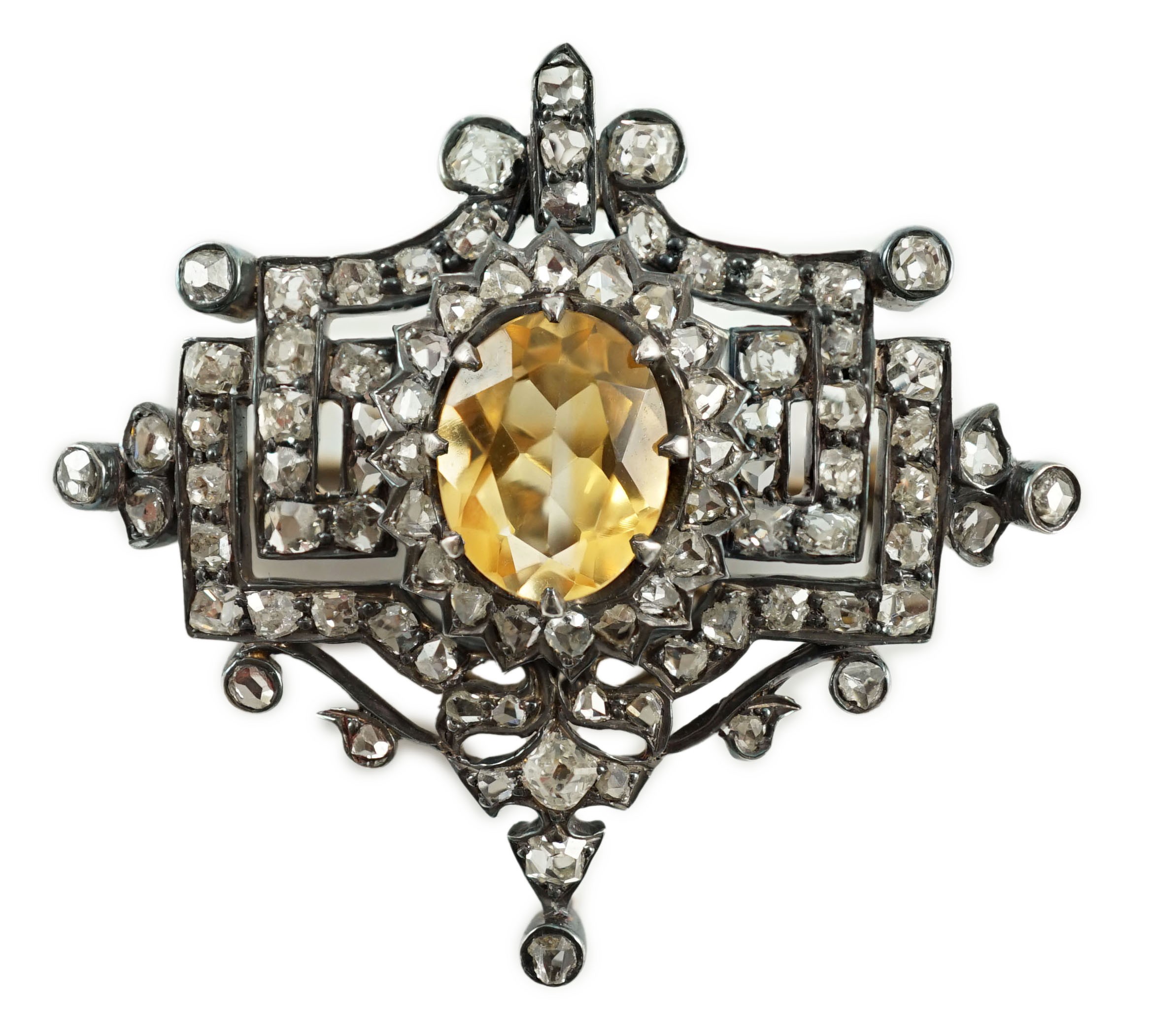 A 19th century gold and silver, rose cut diamond cluster and single stone oval citrine set brooch